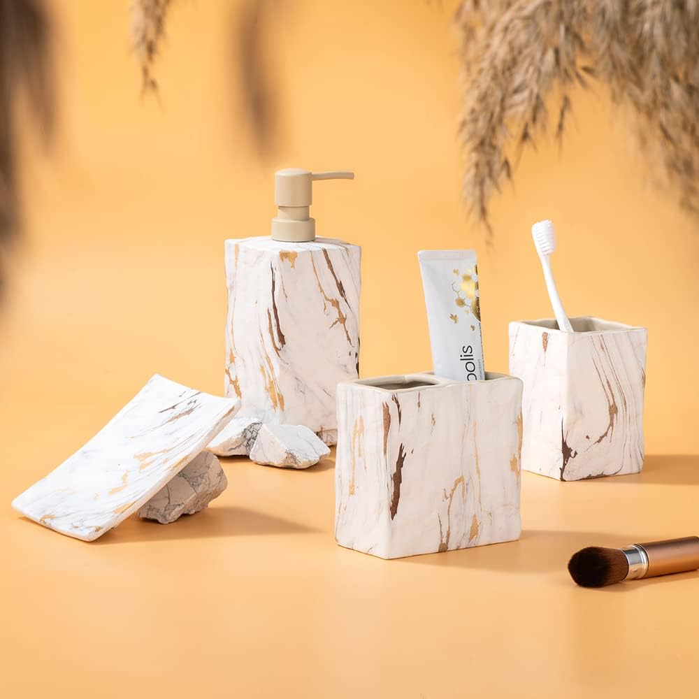 Dluxe Ave. RQYIXI Bathroom Accessories Set 4 Pcs Marble Look Sets Toothbrush Holder Soap Dispenser Gold