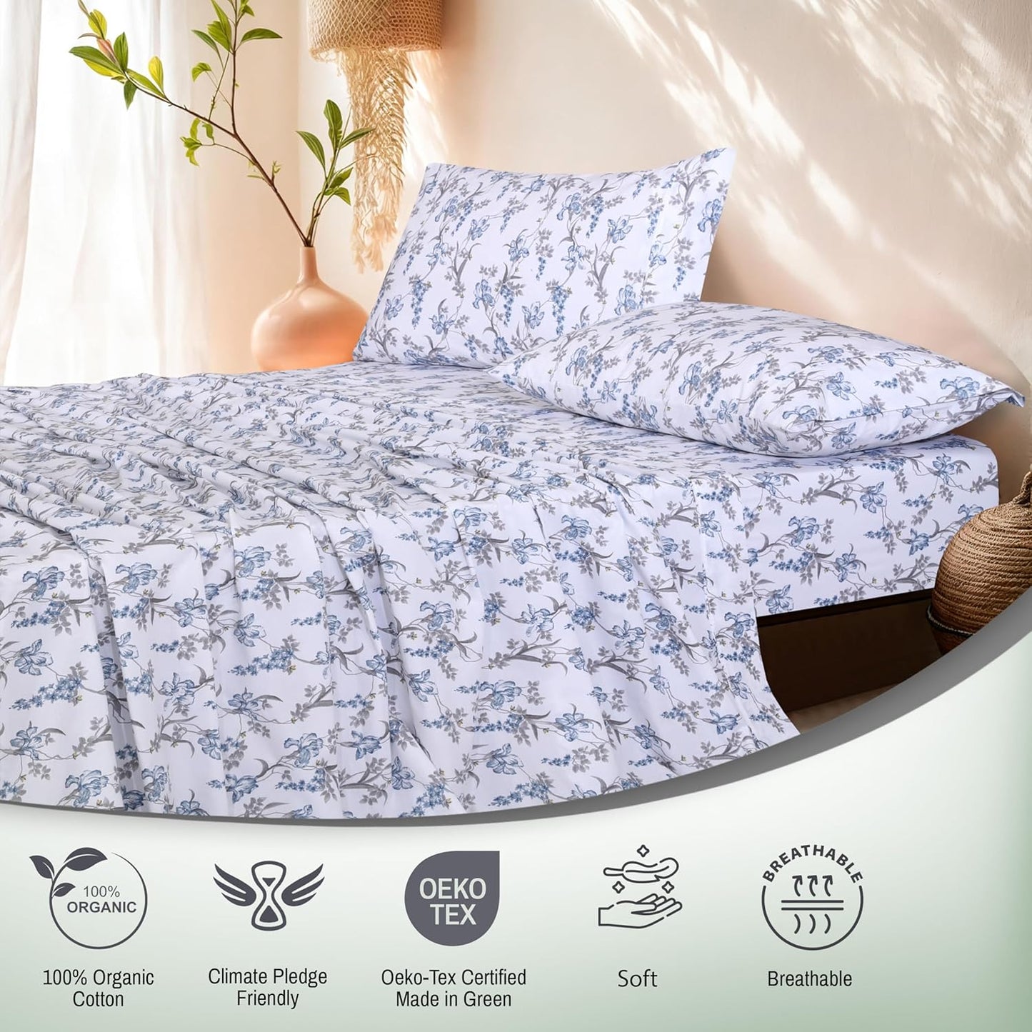 Dluxe Ave. ( TWIN ) 3 Pcs 100% Organic Cotton Sheet Set, Certified for GOTS, Soft & Cooling Percale, Deep Pocket 15", Deluxe