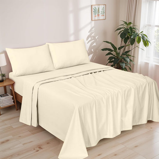 Dluxe Ave. ( QUEEN ) 4 Pcs Organic Flannel Sheet Set/ 100% Cotton Double Brushed/ Deep Pocket 16 Inches/ Winter White