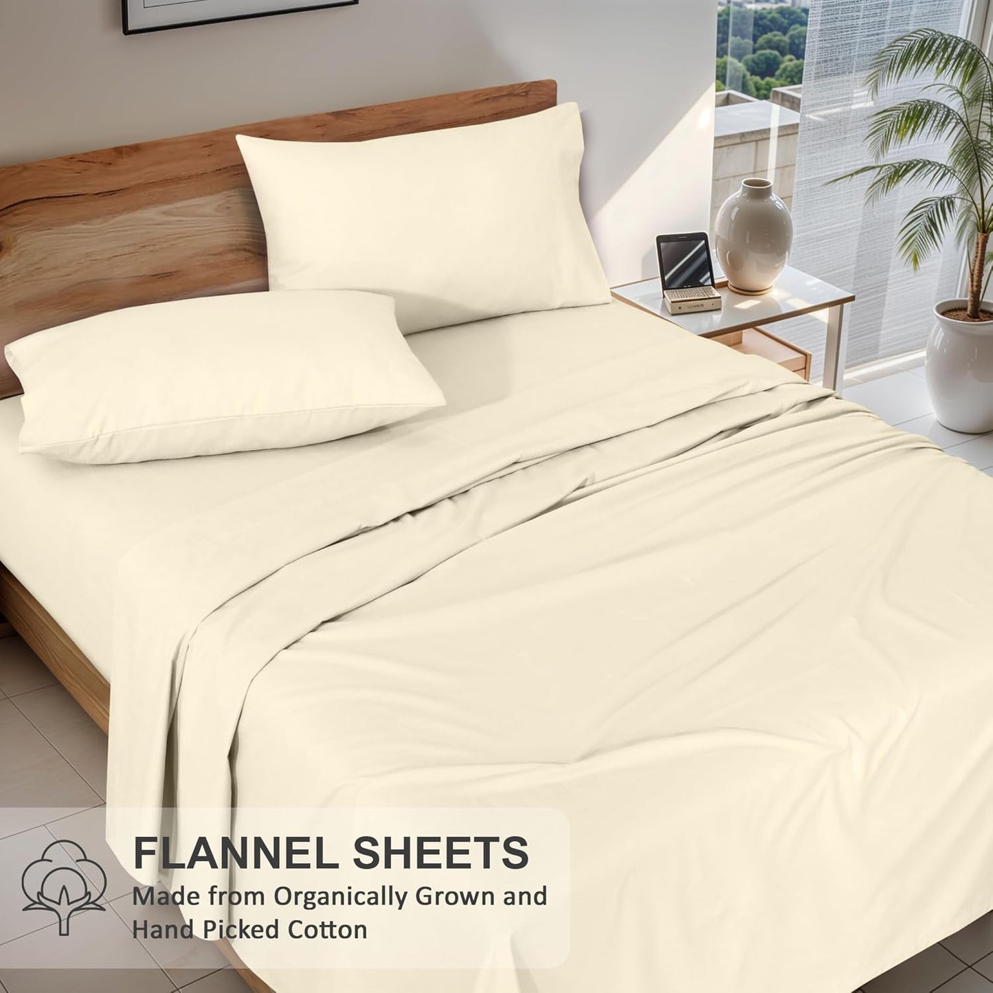 Dluxe Ave. ( QUEEN ) 4 Pcs Organic Flannel Sheet Set/ 100% Cotton Double Brushed/ Deep Pocket 16 Inches/ Winter White