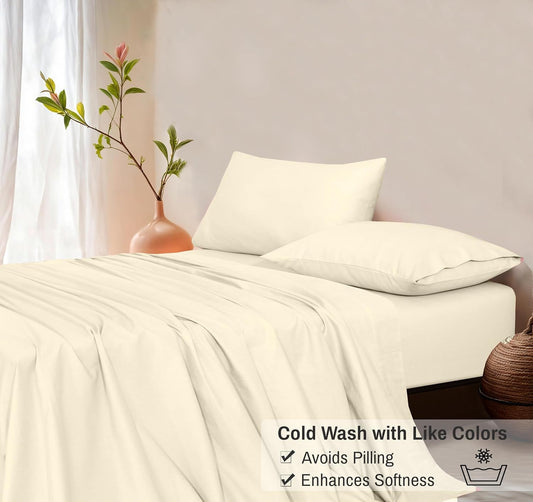 Dluxe Ave. ( QUEEN ) 4 Pcs Organic Flannel Sheet Set/ 100% Cotton Double Brushed/ Deep Pocket 16 Inches/ Winter White