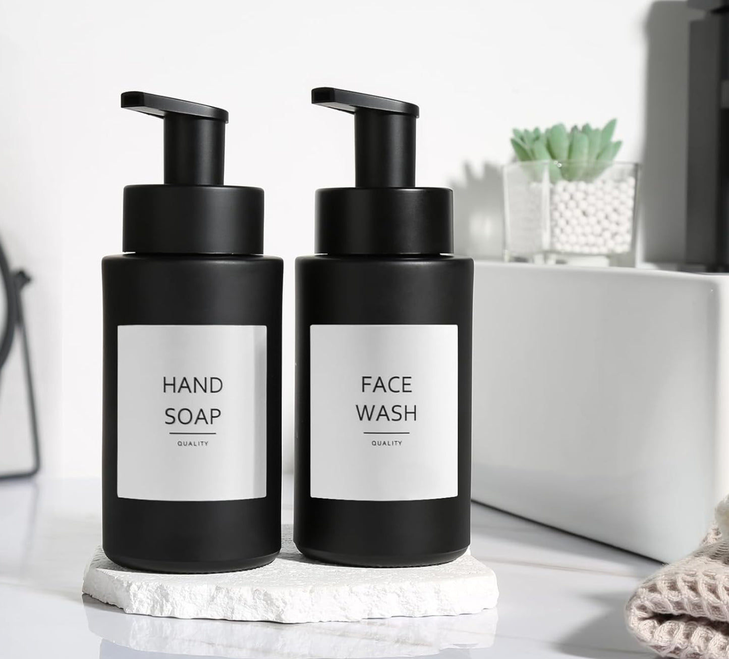 Dluxe Ave. Foaming Hand Soap Dispenser, 10 oz/350ml Glass, 2 Pcs, Refillable Soap Dispenser Pump with Waterproof Labels, (Matte Black)