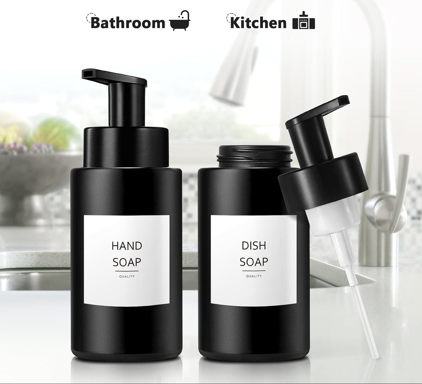 Dluxe Ave. Foaming Hand Soap Dispenser, 10 oz/350ml Glass, 2 Pcs, Refillable Soap Dispenser Pump with Waterproof Labels, (Matte Black)