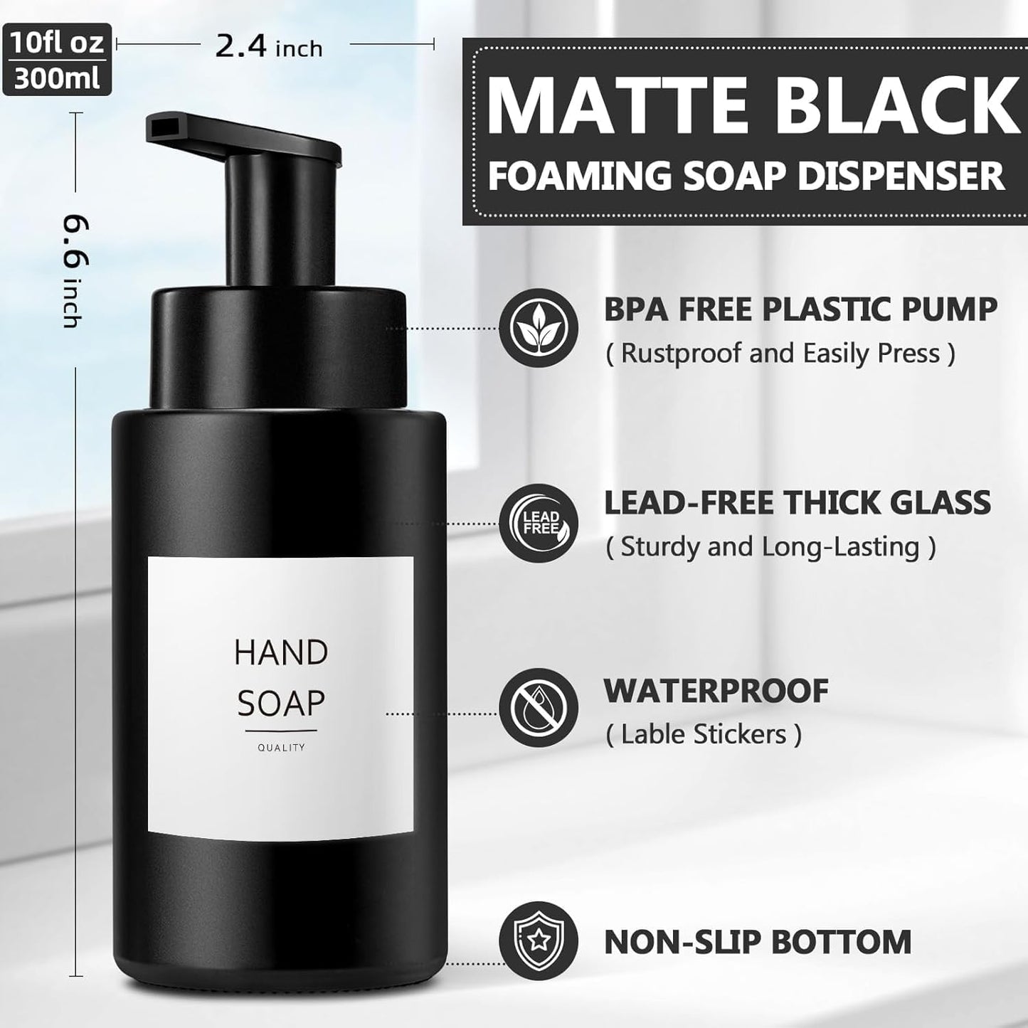 Dluxe Ave. Foaming Hand Soap Dispenser, 10 oz/350ml Glass, 2 Pcs, Refillable Soap Dispenser Pump with Waterproof Labels, (Matte Black)