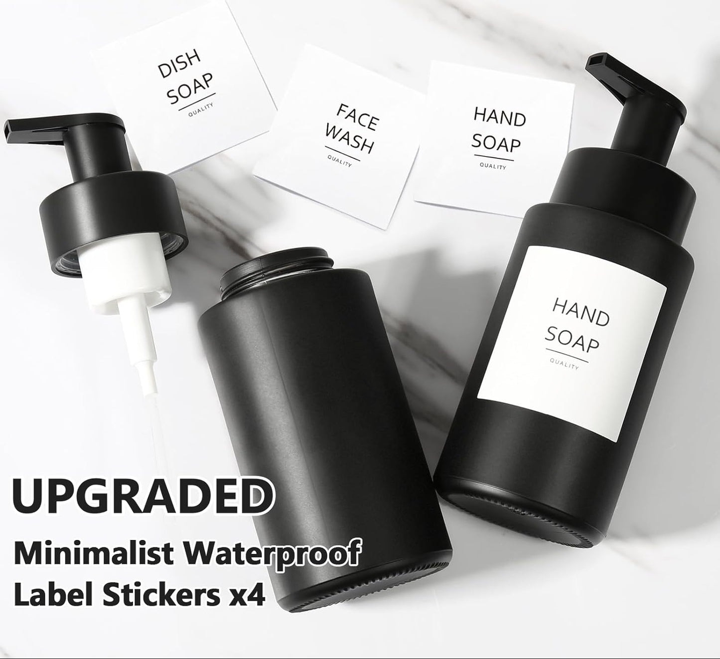 Dluxe Ave. Foaming Hand Soap Dispenser, 10 oz/350ml Glass, 2 Pcs, Refillable Soap Dispenser Pump with Waterproof Labels, (Matte Black)