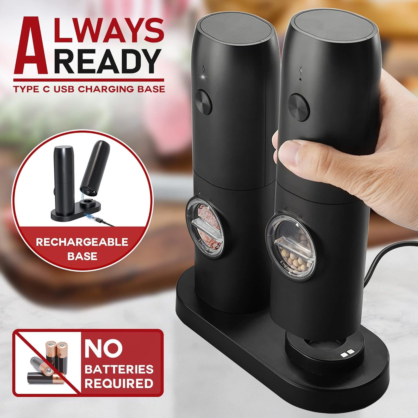 Dluxe Ave. Rechargeable Electric Salt and Pepper Grinder Set