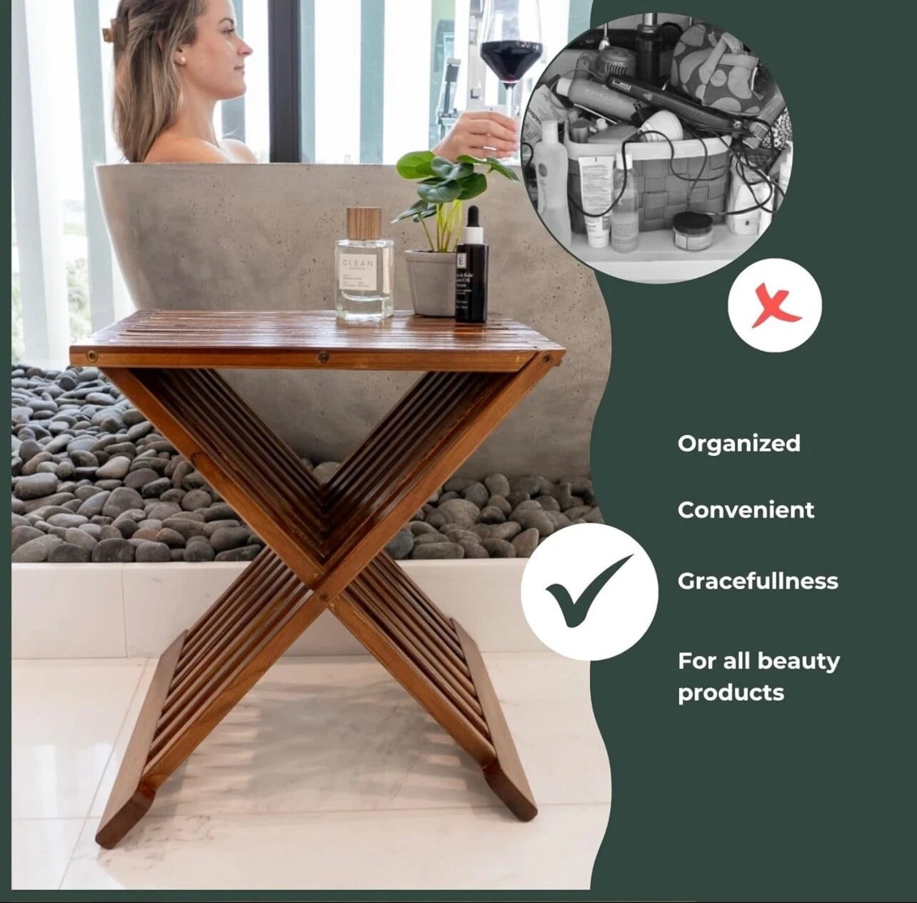 Dluxe Ave. Rose Home Fashion Teak Wood Shower Stool 17" Folding Seat Fully Assembled Waterproof Bench