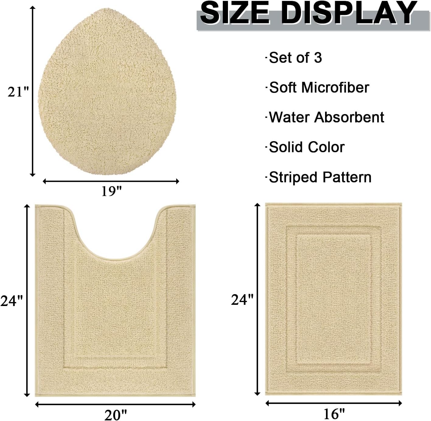 Dluxe Ave. Microfiber Bathroom Rug Set with Toilet Lid Cover/ Non Slip Washable Bath Mat (Beige)