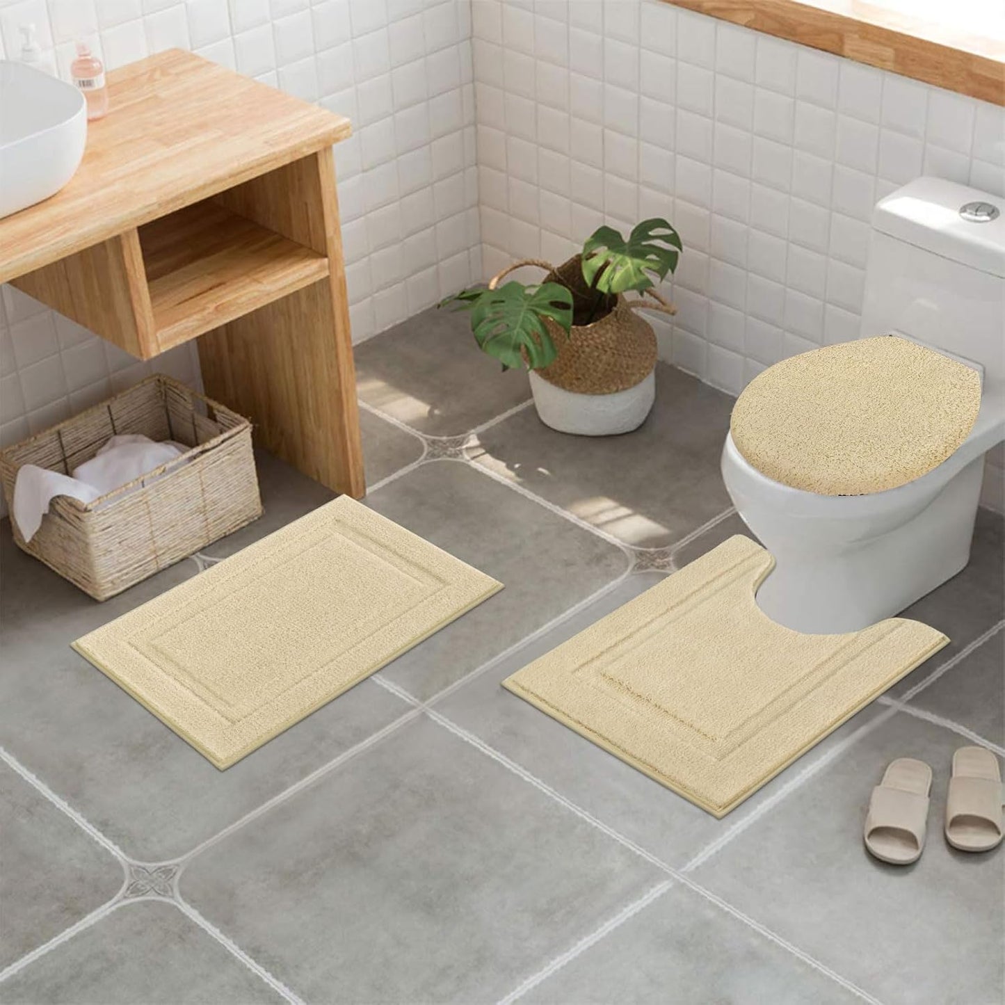 Dluxe Ave. Microfiber Bathroom Rug Set with Toilet Lid Cover/ Non Slip Washable Bath Mat (Beige)