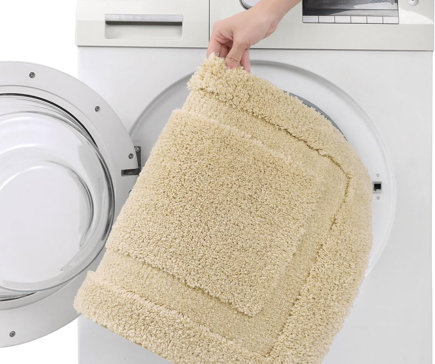 Dluxe Ave. Microfiber Bathroom Rug Set with Toilet Lid Cover/ Non Slip Washable Bath Mat (Beige)