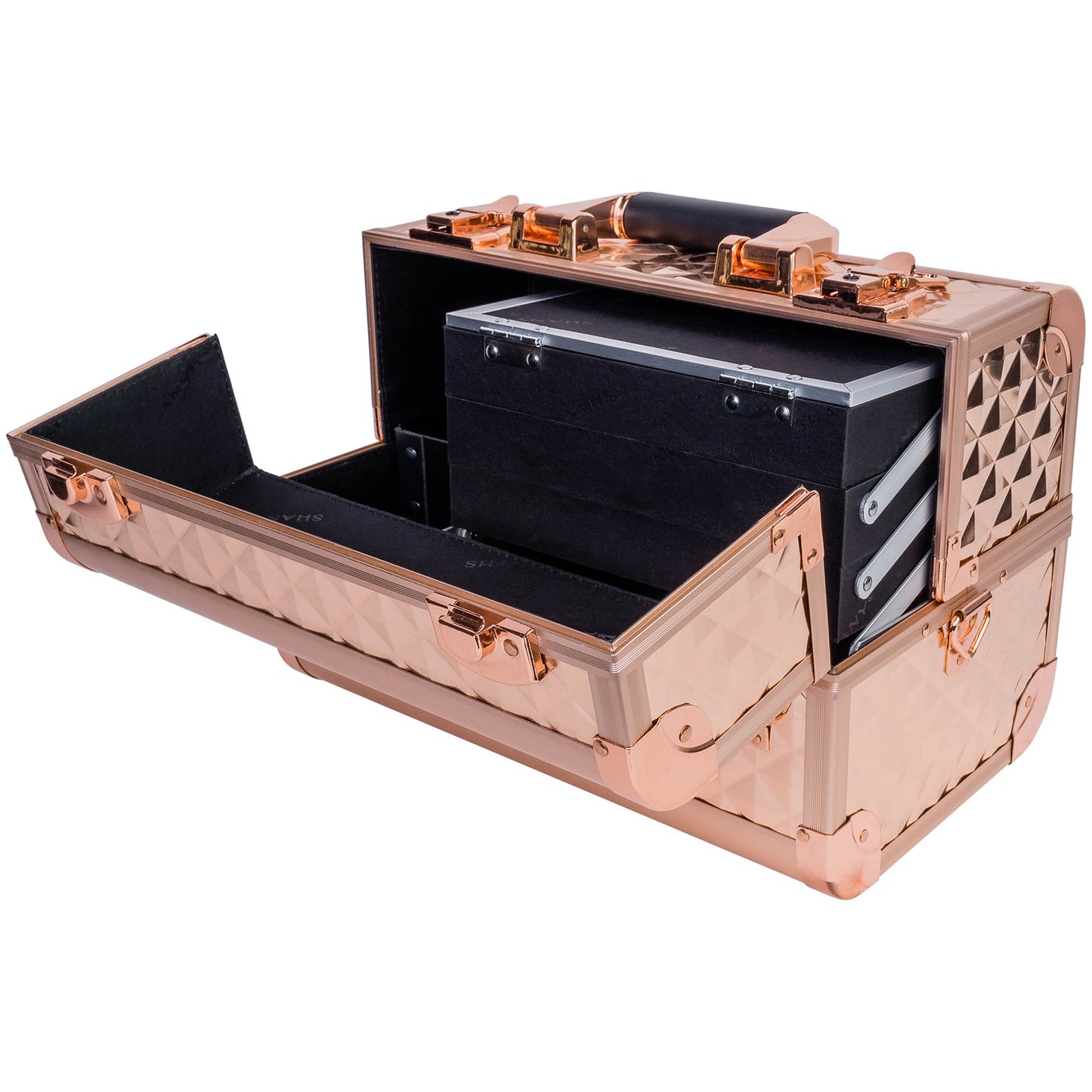 Dluxe Ave. SHANY Chic Makeup Train Case Cosmetic Box Portable Makeup Case Cosmetics Beauty Organizer Jewelry storage with Locks Multi trays Makeup Storage Box with Makeup Mirror - Rose Gold