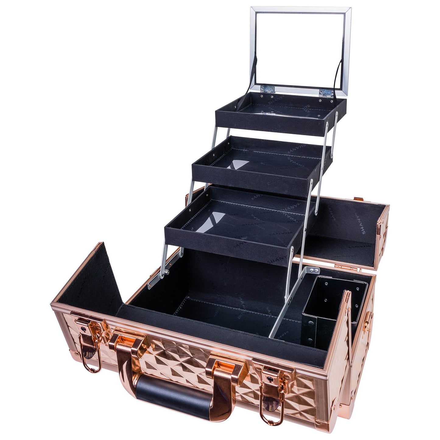 Dluxe Ave. SHANY Chic Makeup Train Case Cosmetic Box Portable Makeup Case Cosmetics Beauty Organizer Jewelry storage with Locks Multi trays Makeup Storage Box with Makeup Mirror - Rose Gold