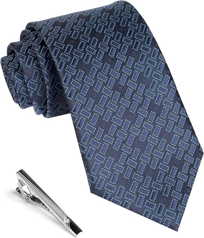 Dluxe Ave. Mens Tie Navy Blue Silk Checkered Necktie and Tie Clip