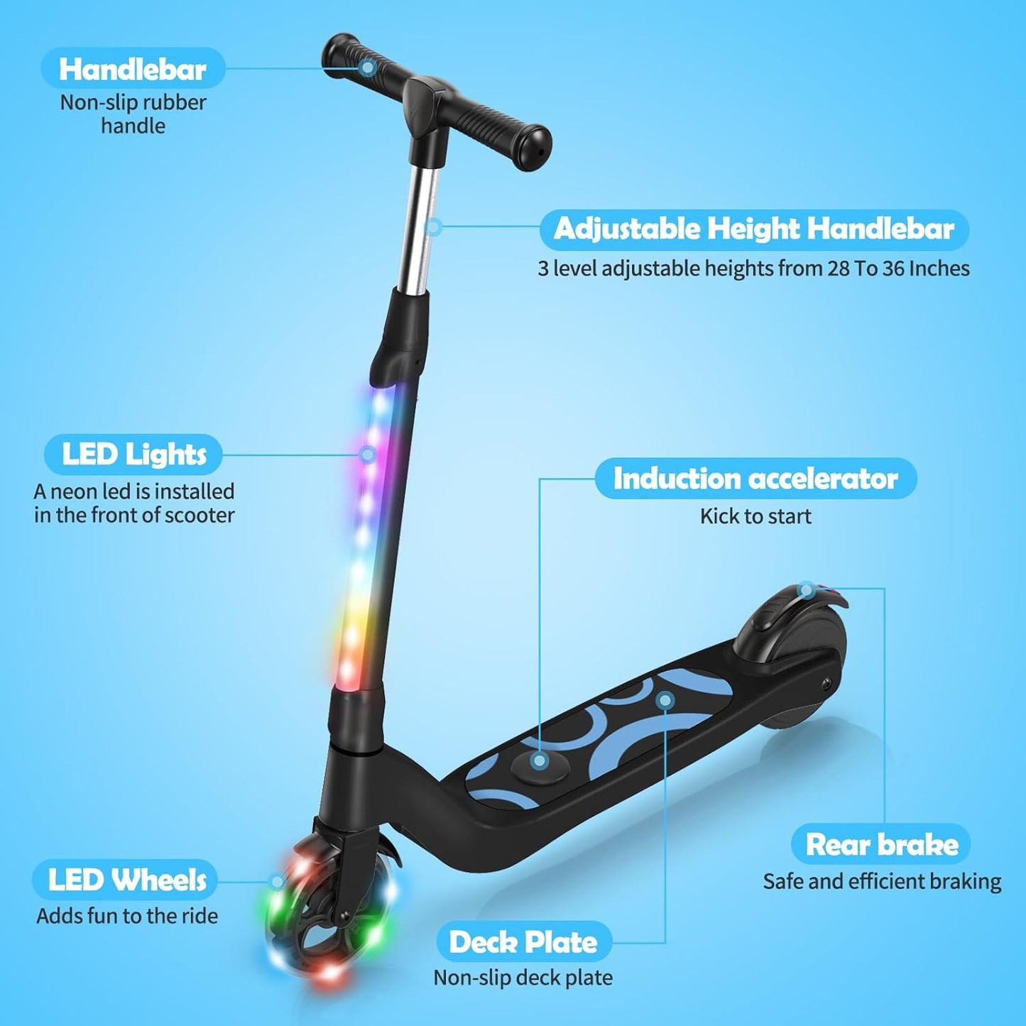 Dluxe Ave. Electric Scooter for Kids Ages 6-12, LED Light-Up Deck, with 3 Adjustment Levels Handlebar, to 36 Inches High5.3" / Green