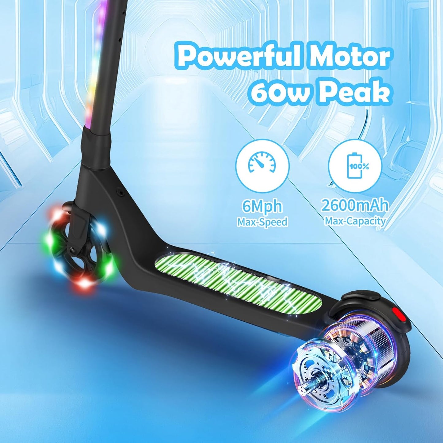 Dluxe Ave. Electric Scooter for Kids Ages 6-12, LED Light-Up Deck, with 3 Adjustment Levels Handlebar, to 36 Inches High5.3" / Green