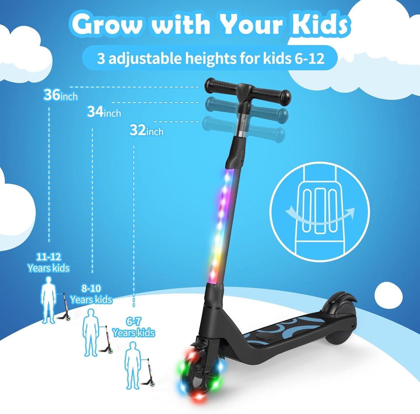 Dluxe Ave. Electric Scooter for Kids Ages 6-12, LED Light-Up Deck, with 3 Adjustment Levels Handlebar, to 36 Inches High5.3" / Green