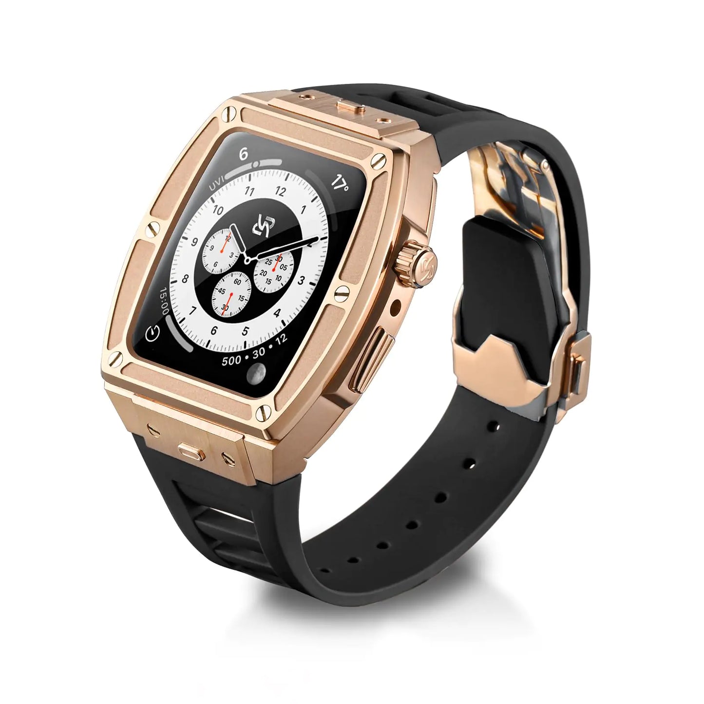 Dluxe Ave. RYUEUYA Luxury Stainless Steel Case Rubber Band for Apple Watch 44/45mm Quick Release Replacement Leather Bands for Series 9/8/7/6/5/SE IwatchR-BR