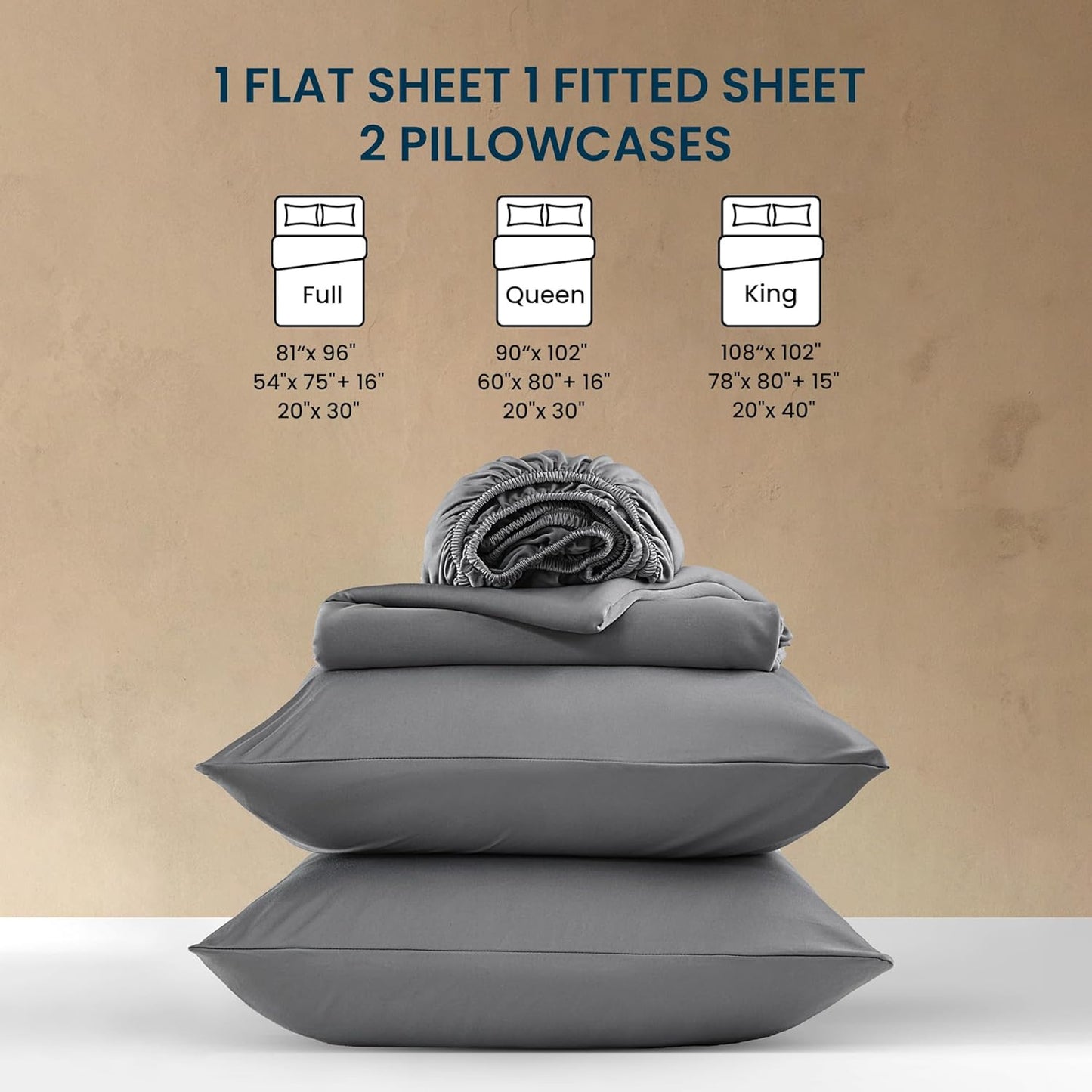 Dluxe Ave. ( KING ) Sheets Set, 4 Piece Bedding, Gull Grey