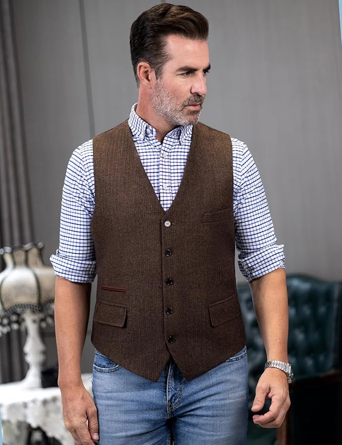 Dluxe Ave. (SMALL) Mens Vintage Classic Herringbone Pattern Suit Vest/ V Neck Casual Wool Blend Waistcoat /Army Green