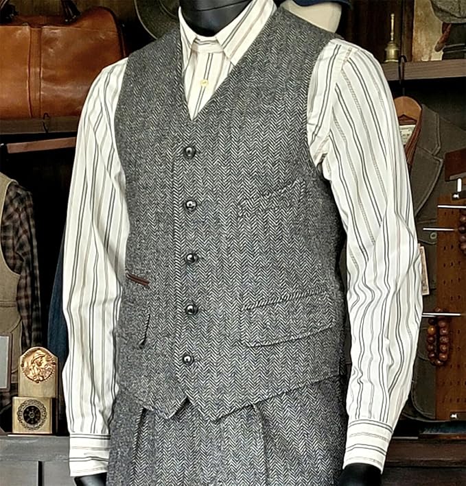 Dluxe Ave. (SMALL) Mens Vintage Classic Herringbone Pattern Suit Vest/ V Neck Casual Wool Blend Waistcoat /Army Green