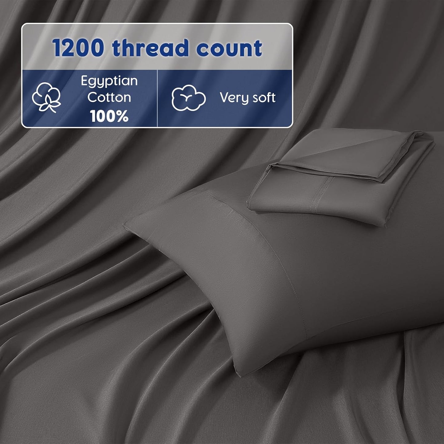 Dluxe Ave. ( KING ) 100% Egyptian Cotton Sheets - 1200 Thread Count Luxury & Cooling Hotel Cotton Bed Sheets Set 4 Piece  (Dark Grey)
