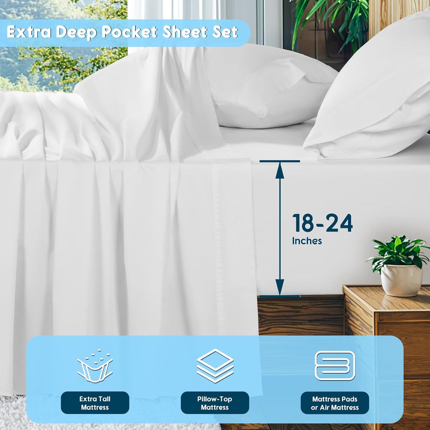 Dluxe Ave. ( KING ) 4 Pcs 100% Egyptian Cotton Sheets Set, Extra Deep Pocket up to 18"-24", 1000 High Thread Count, Luxury 5-Star Hotel, White