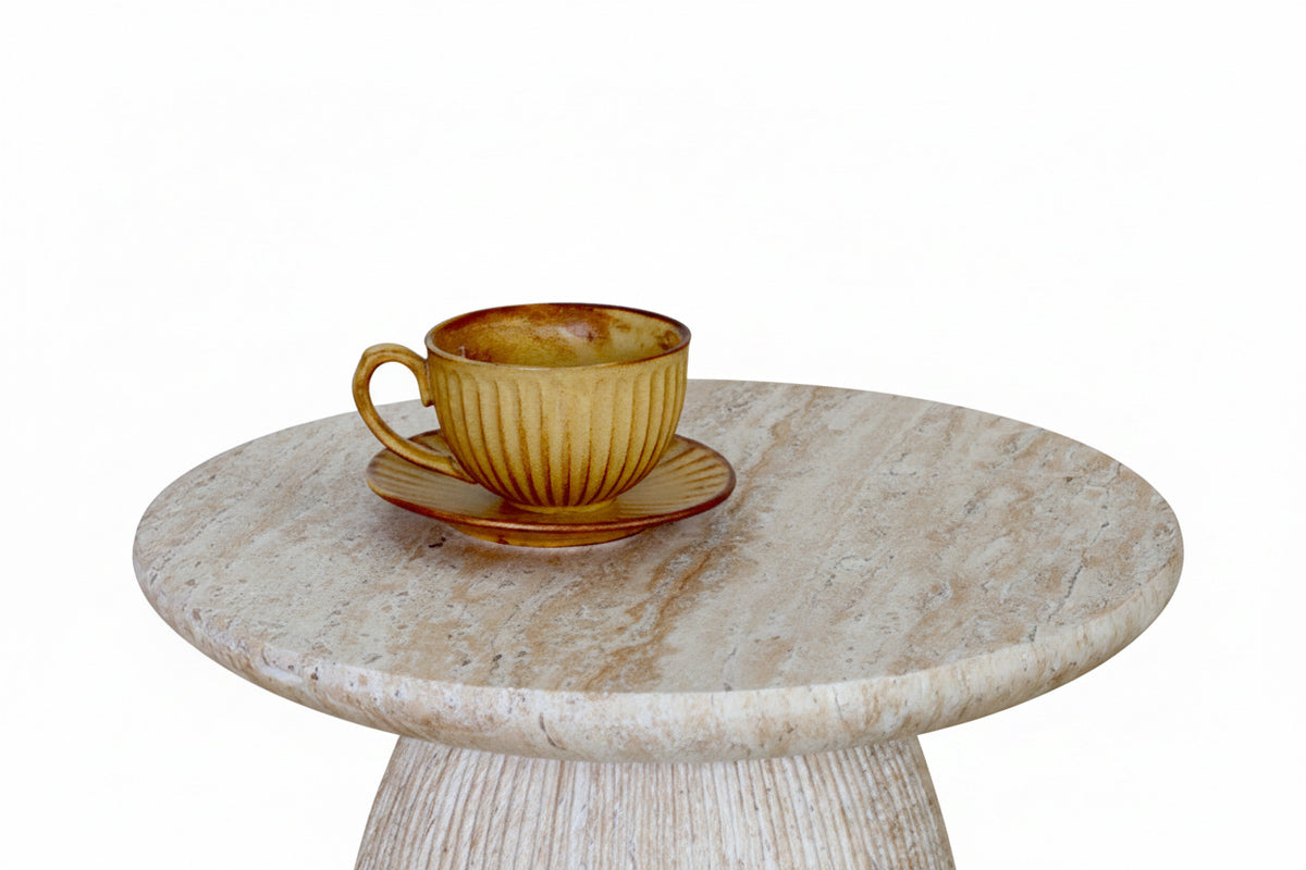 Modern Round Corner Side Table with Imitation Travertine Finish