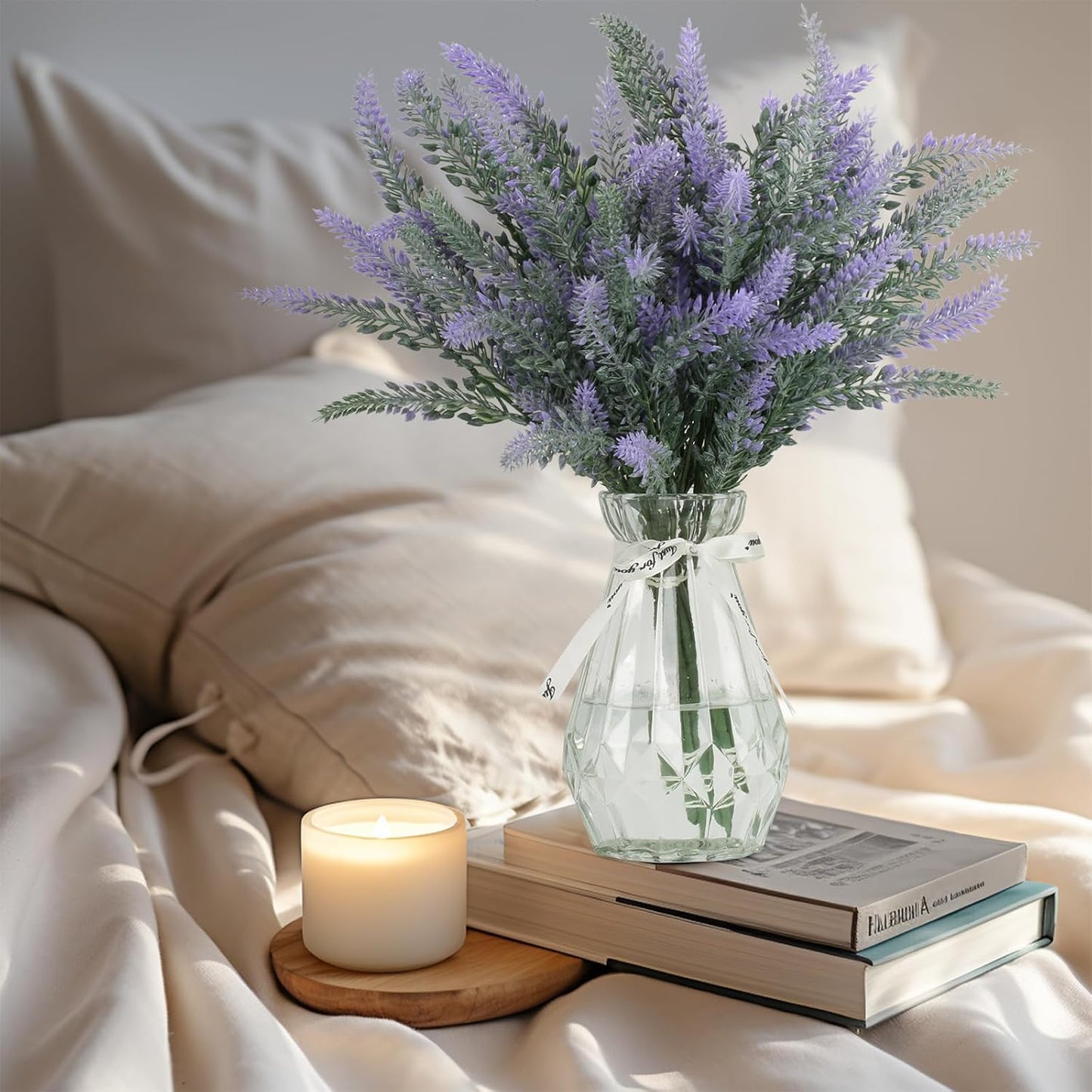 Dluxe Ave. Artificial Lavender with Glass Vase, 6 Bouquet Faux Stem in Clear Flower Vase