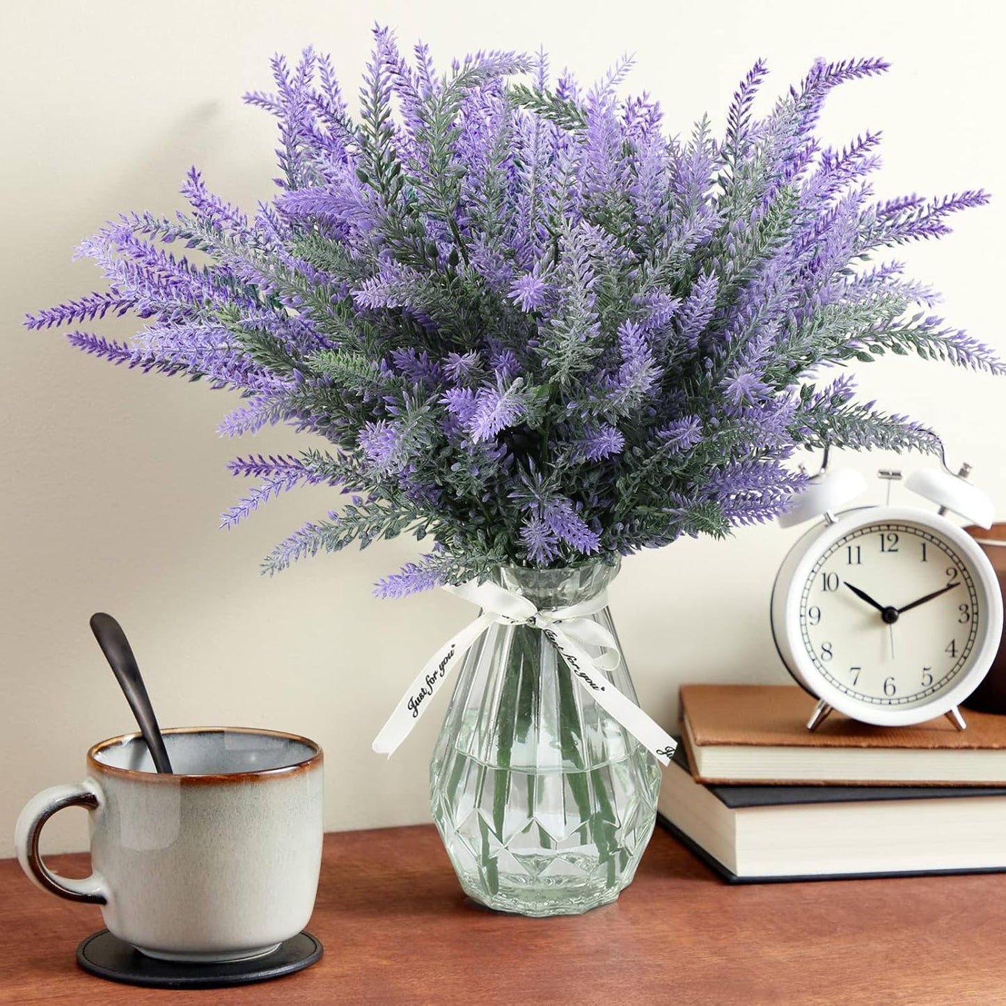 Dluxe Ave. Artificial Lavender with Glass Vase, 6 Bouquet Faux Stem in Clear Flower Vase