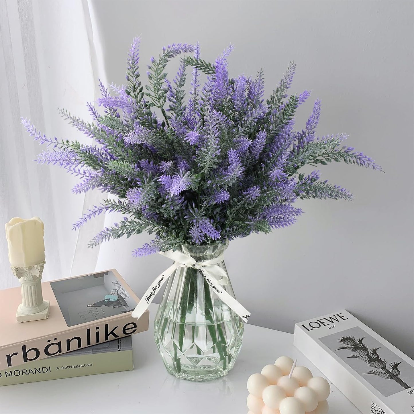 Dluxe Ave. Artificial Lavender with Glass Vase, 6 Bouquet Faux Stem in Clear Flower Vase
