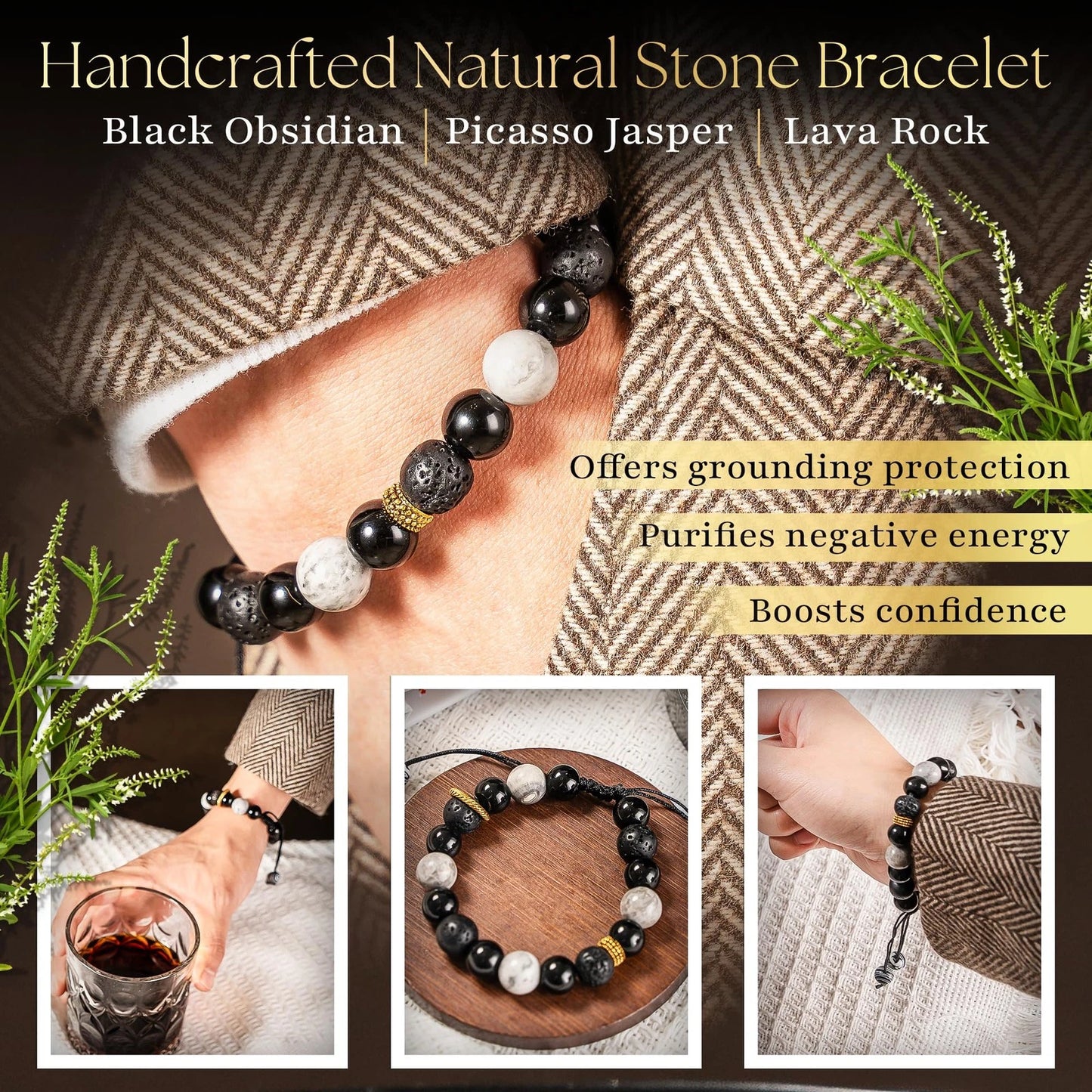 Dluxe Ave. Luxurious Obsidian Bracelet/ Teakwood/ Natural Soy Wax/ Stress Relief, Masculine/ Crystals