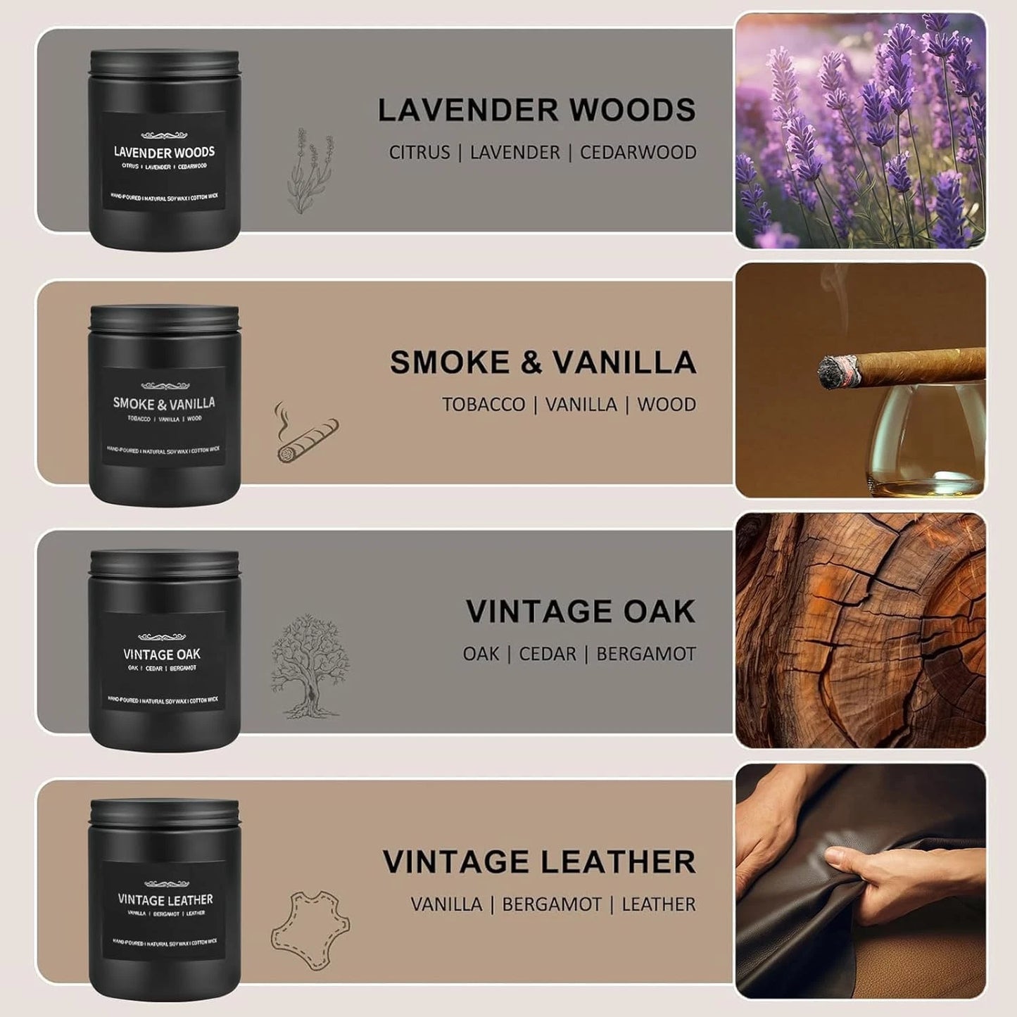 Dluxe Ave. Scented Candles for Men, Soy Candle Set for Home, 4 Pack, Lavender/ Oak Leather/ Smoke/ Vanilla