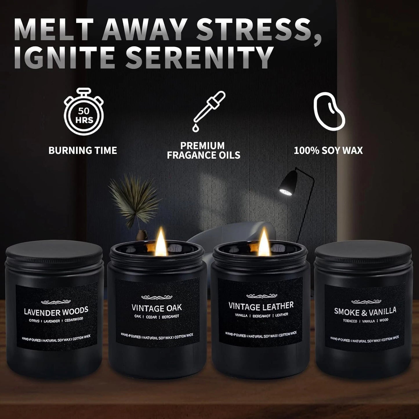 Dluxe Ave. Scented Candles for Men, Soy Candle Set for Home, 4 Pack, Lavender/ Oak Leather/ Smoke/ Vanilla