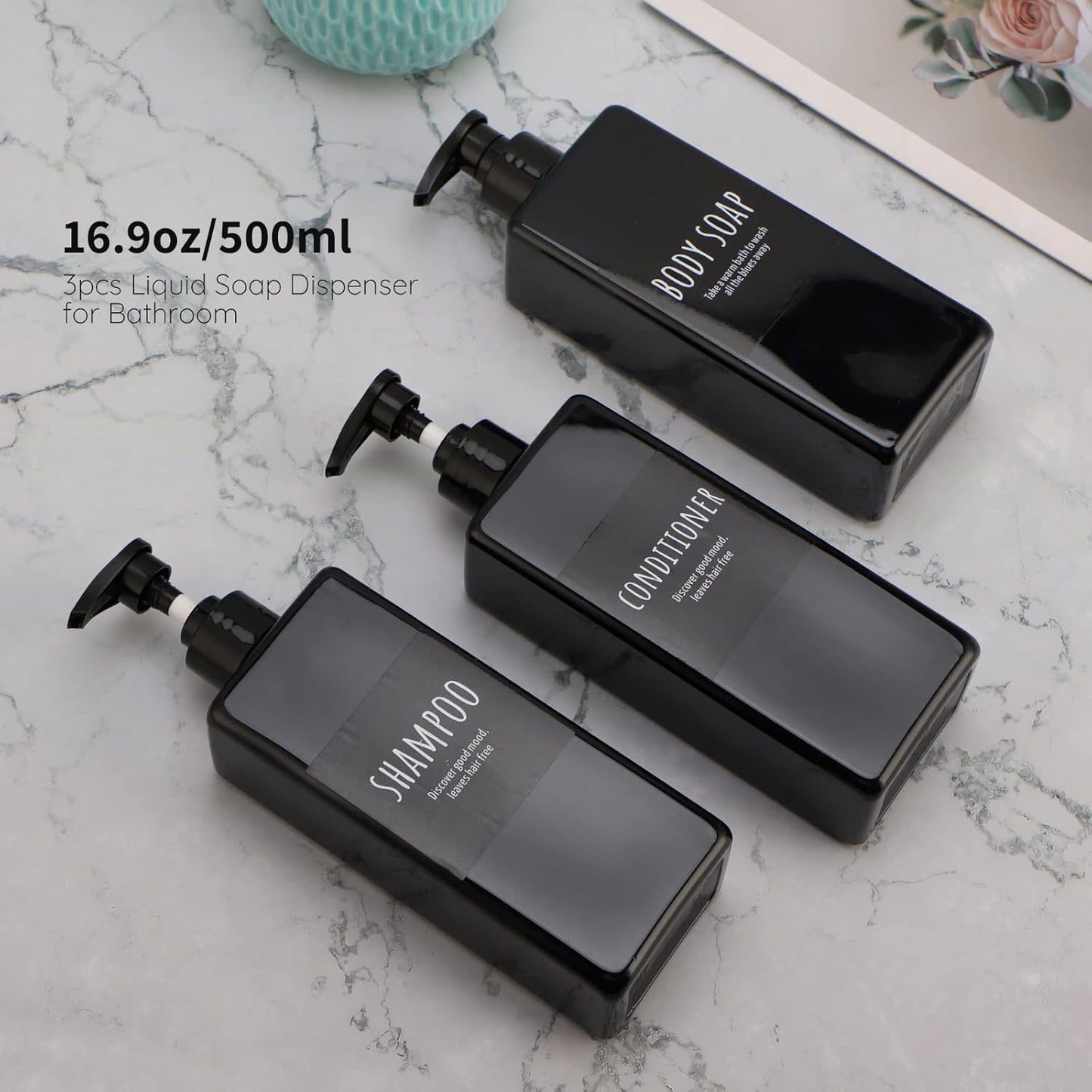 Dluxe Ave. Refillable Shampoo and Conditioner Bottles with Labels/ 500ml Square (Matte Black) 3 Pack 16.9oz