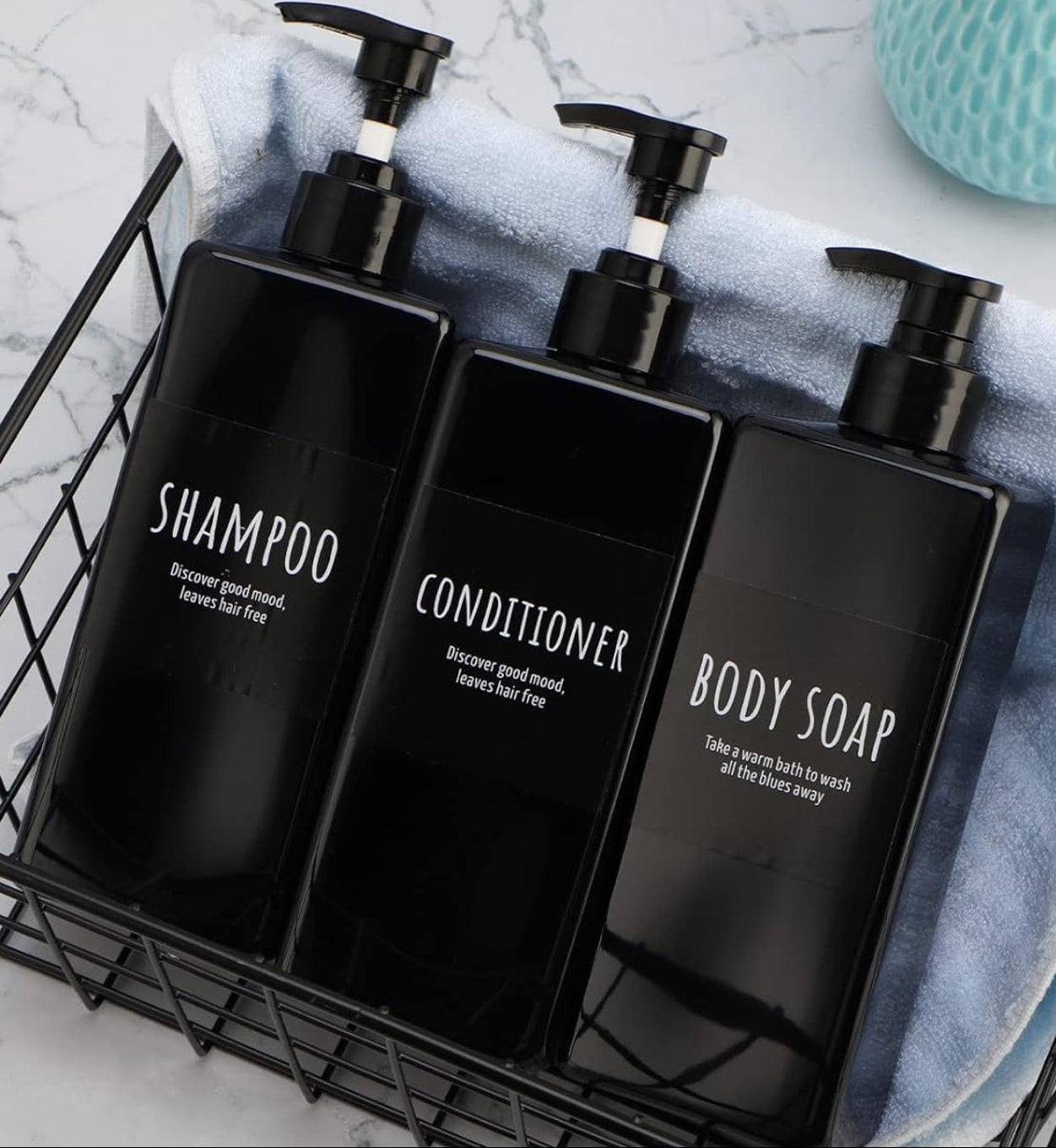Dluxe Ave. Refillable Shampoo and Conditioner Bottles with Labels/ 500ml Square (Matte Black) 3 Pack 16.9oz