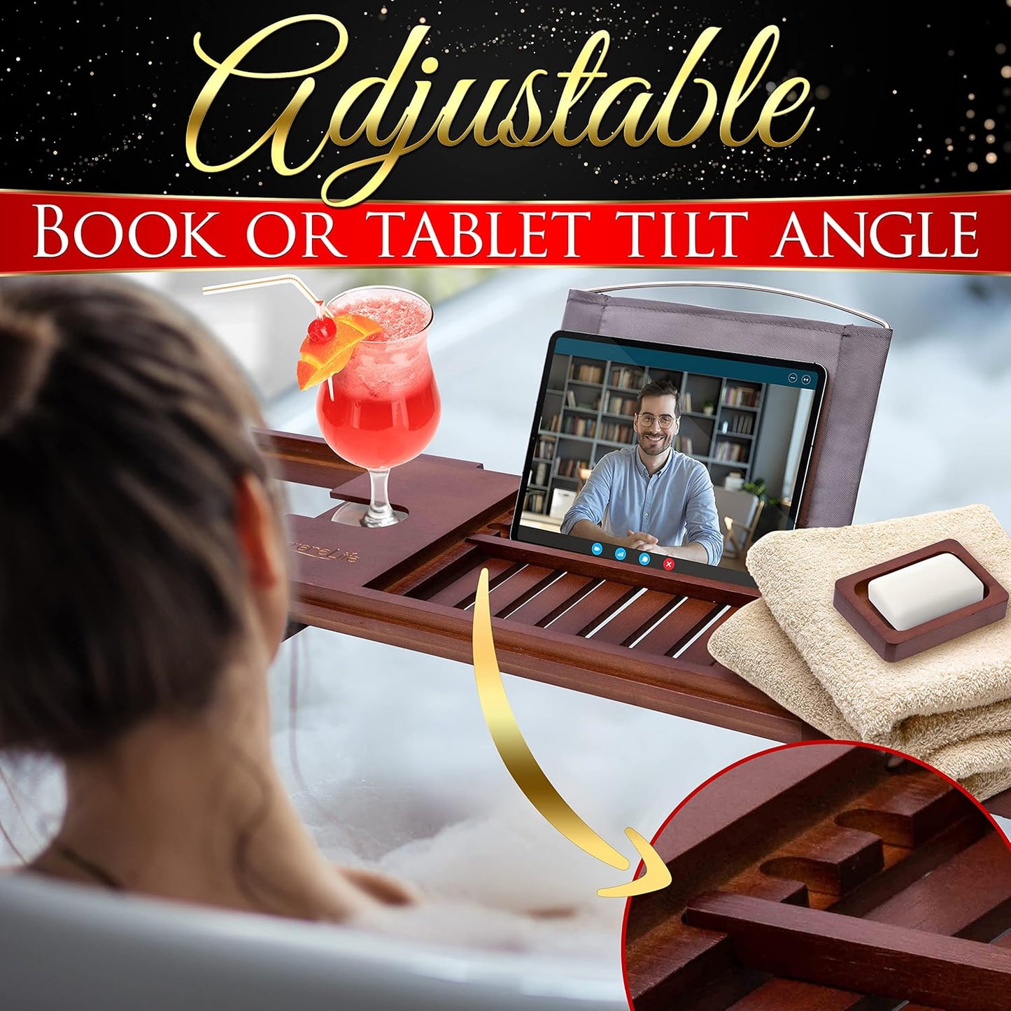Dluxe Ave. SereneLife Bamboo Bathtub Caddy with Luxury Gift Box and Red Gifting Ribbon Extendable & Adjustable Tray (Stain Brown)