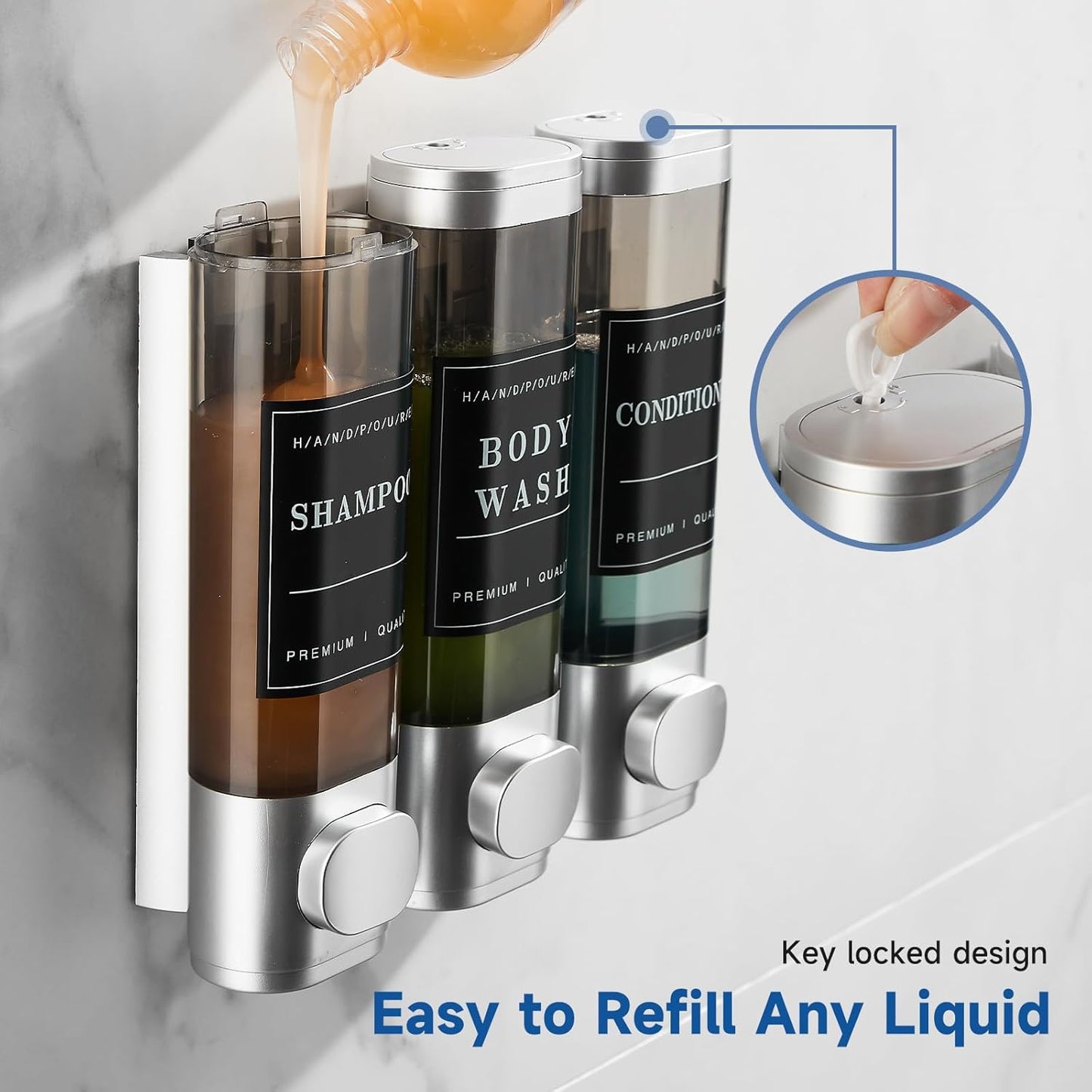Dluxe Ave. Shampoo and Conditioner Shower Dispenser, 3 Chamber, No Drill, Wall-Mounted, Large Capacity, (Silver)