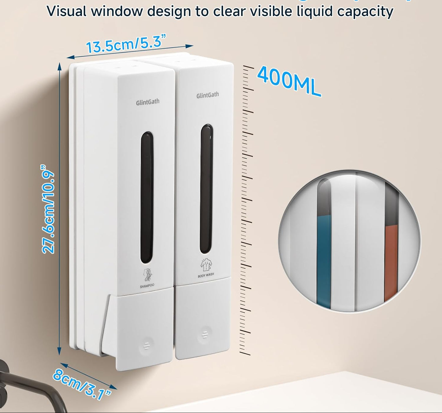 Dluxe Ave. Shampoo and Conditioner Dispenser, 2 Chamber, No Drill, Wall Mounted 2/400ML, (White)