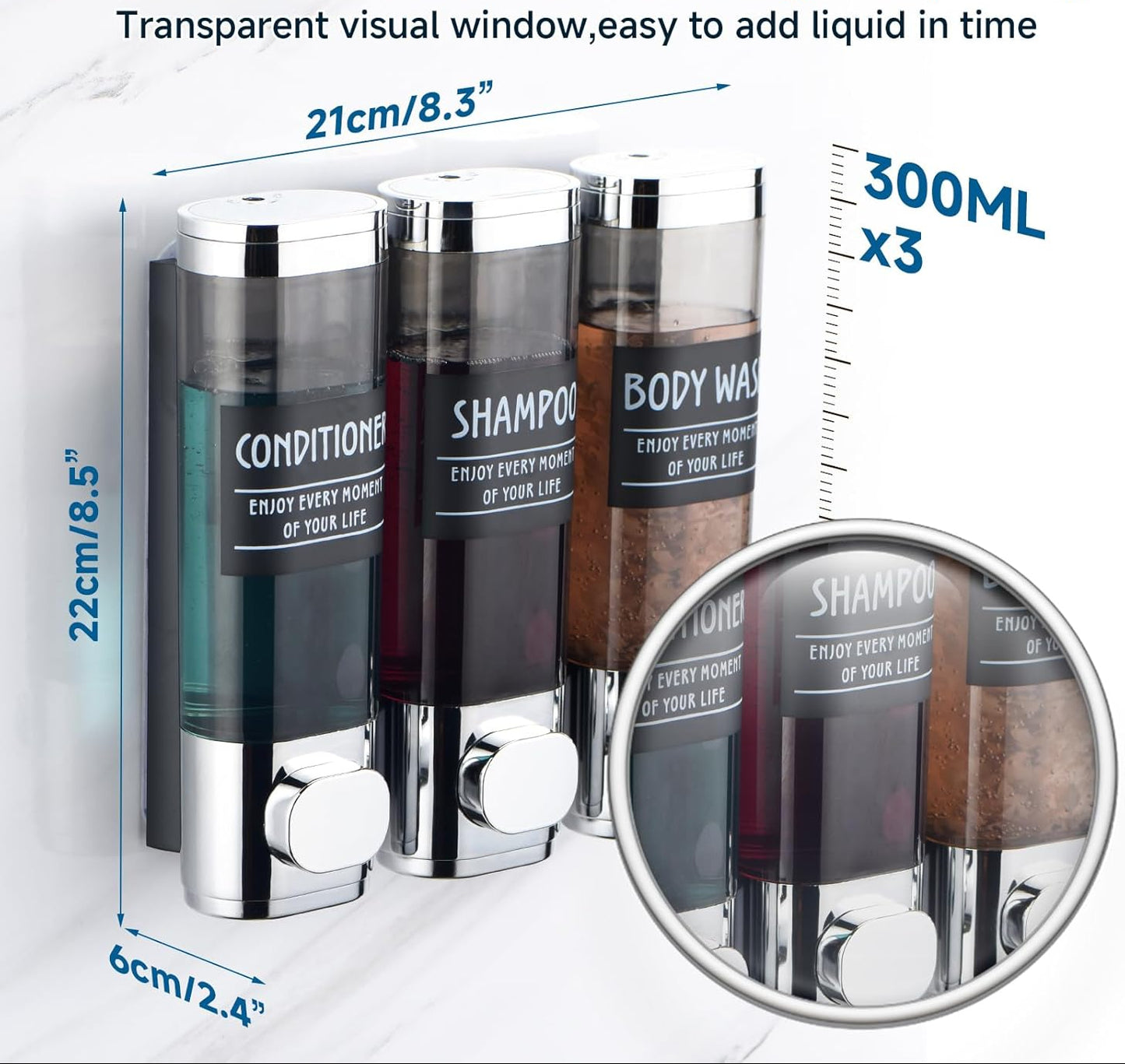 Dluxe Ave. Shampoo and Conditioner Dispenser, 3 Chamber, No Drill, Wall Mounted, 300ML (Silver)