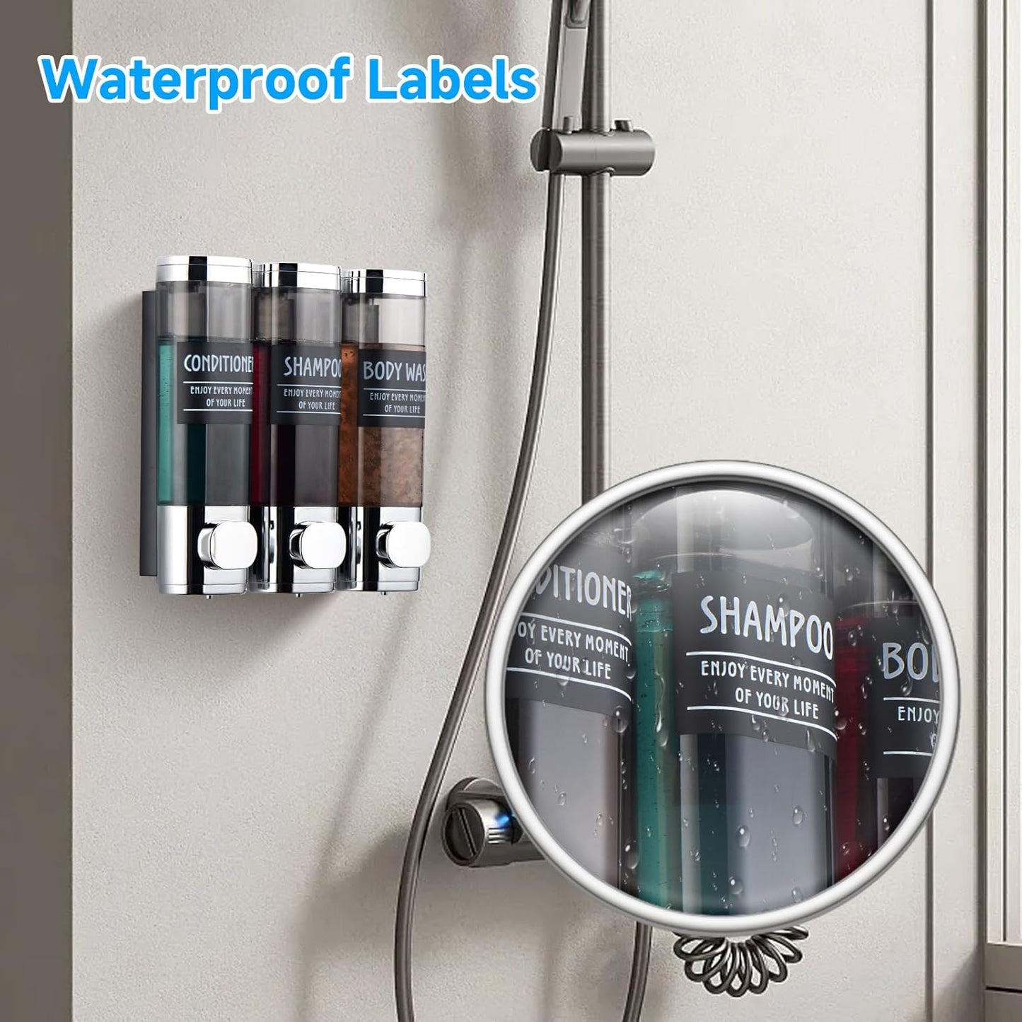 Dluxe Ave. Shampoo and Conditioner Dispenser, 3 Chamber, No Drill, Wall Mounted, 300ML (Silver)