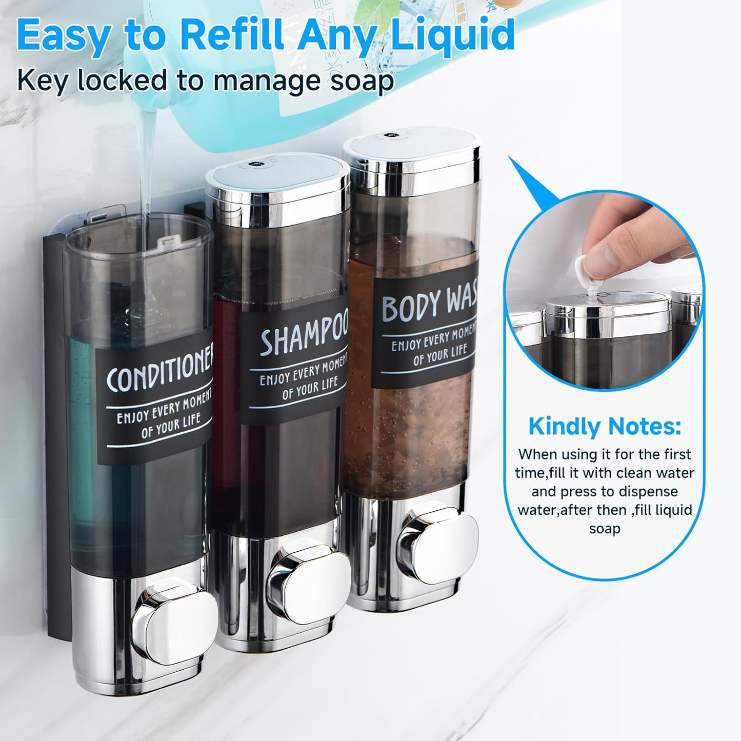 Dluxe Ave. Shampoo and Conditioner Dispenser, 3 Chamber, No Drill, Wall Mounted, 300ML (Silver)
