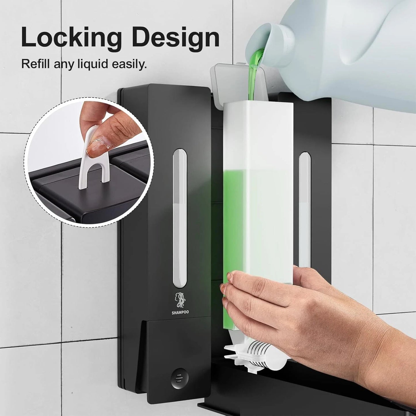 Dluxe Ave. Shampoo and Conditioner Dispenser/3 Chamber, No Drill, Wall Mounted/Large 3 - 400ML (Black)