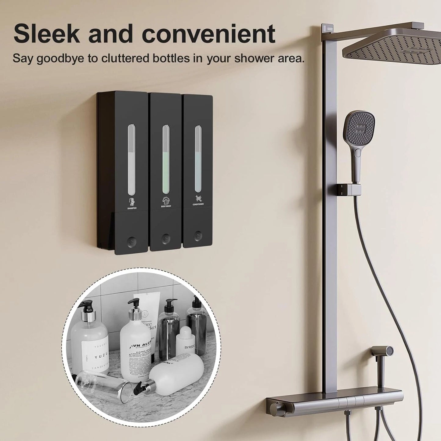 Dluxe Ave. Shampoo and Conditioner Dispenser/3 Chamber, No Drill, Wall Mounted/Large 3 - 400ML (Black)
