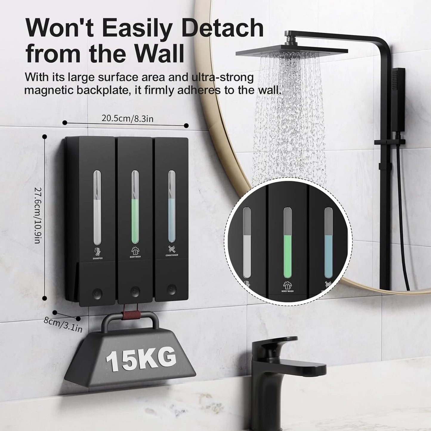 Dluxe Ave. Shampoo and Conditioner Dispenser/3 Chamber, No Drill, Wall Mounted/Large 3 - 400ML (Black)