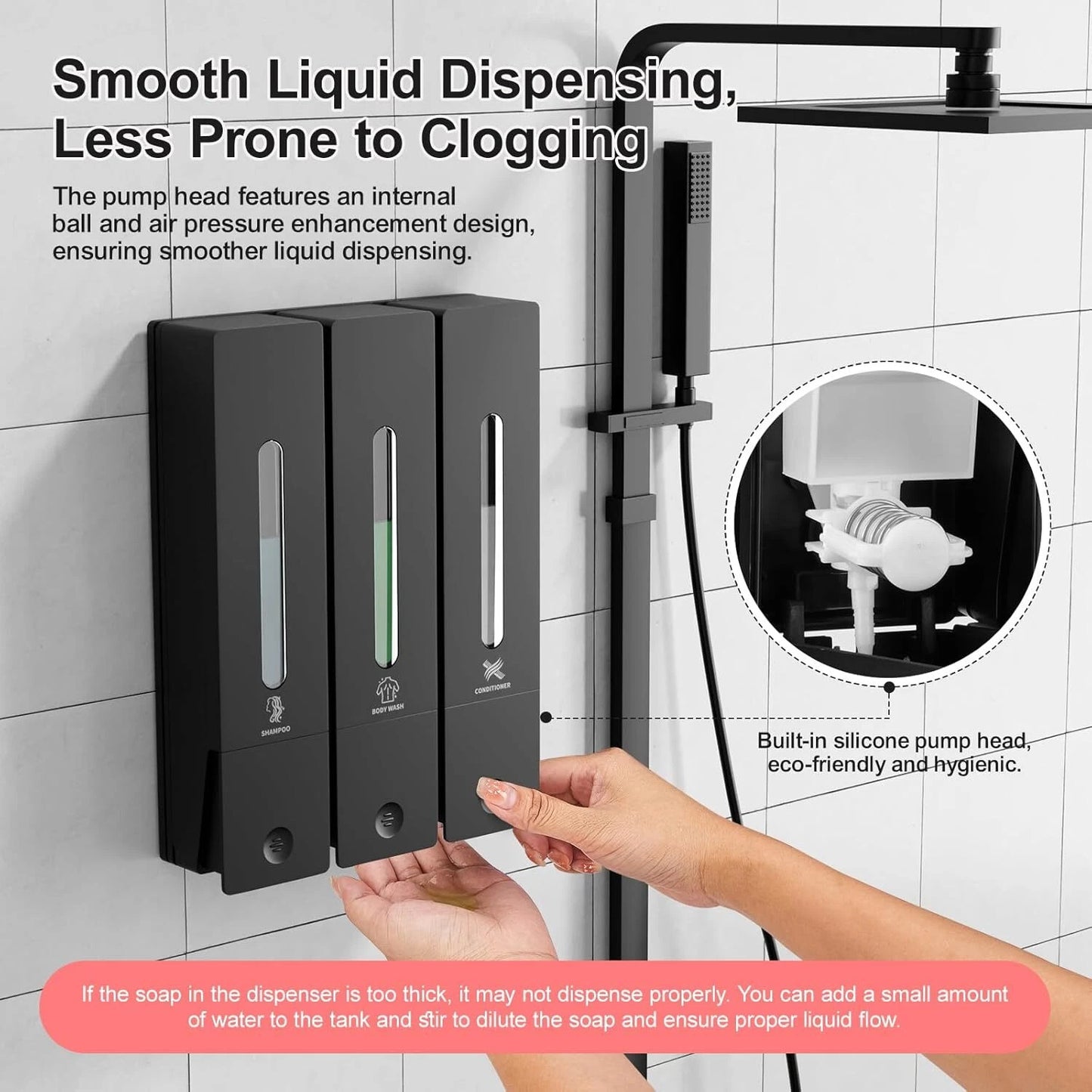 Dluxe Ave. Shampoo and Conditioner Dispenser/3 Chamber, No Drill, Wall Mounted/Large 3 - 400ML (Black)