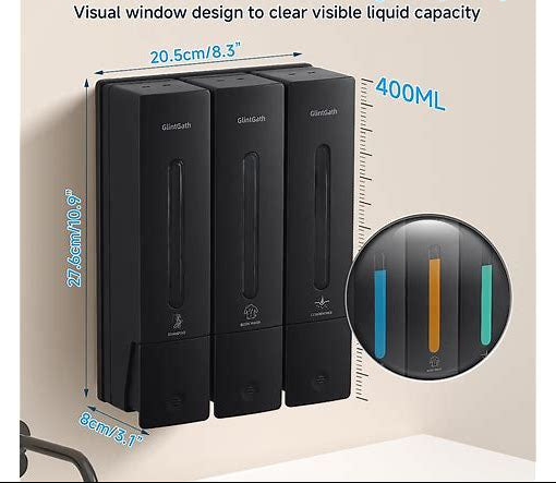 Dluxe Ave. Shampoo and Conditioner Dispenser/3 Chamber, No Drill, Wall Mounted/Large 3 - 400ML (Black)