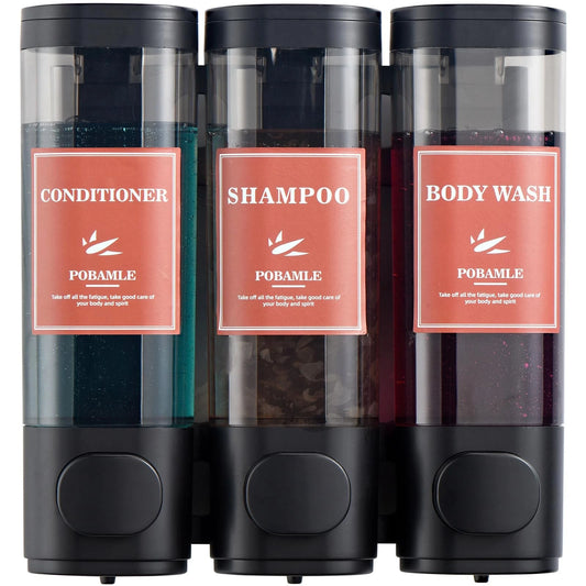 Dluxe Ave. Shampoo and Conditioner Dispenser, Wall Mounted, Soap Dispenser, No Drill , 3 Chamber (Black)