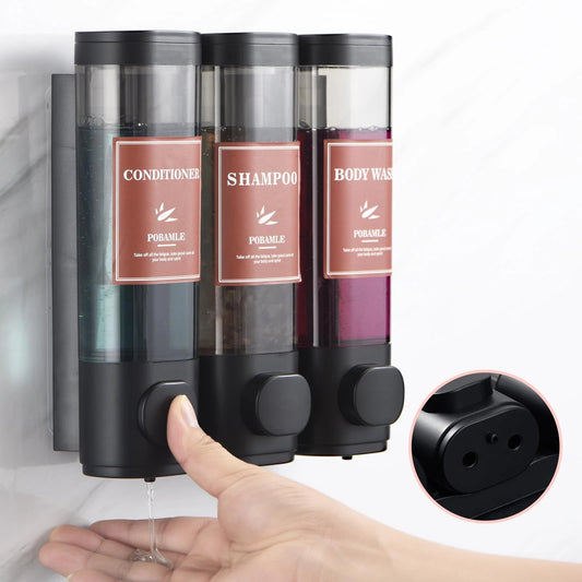Dluxe Ave. Shampoo and Conditioner Dispenser, Wall Mounted, Soap Dispenser, No Drill , 3 Chamber (Black)
