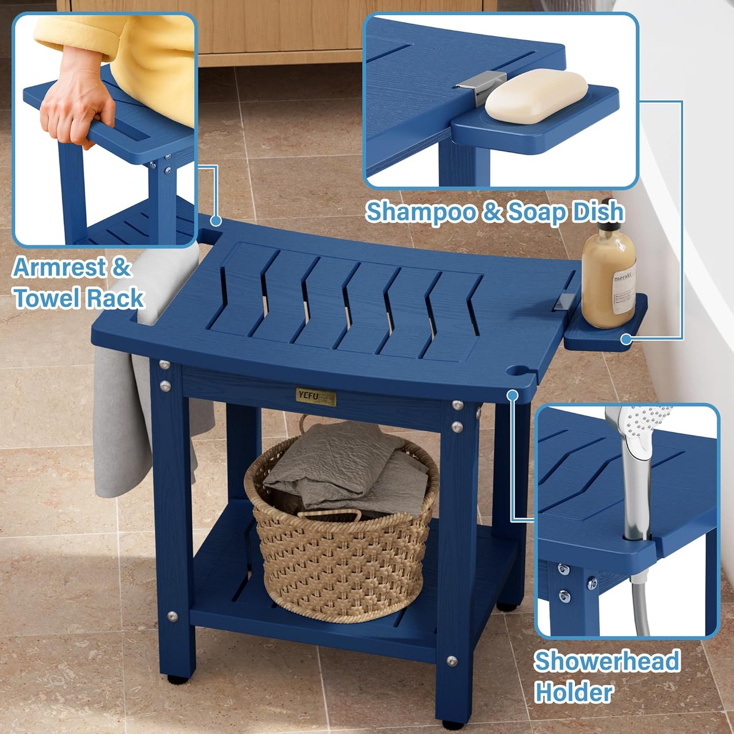 Dluxe Ave.  Shower Bench, Navy