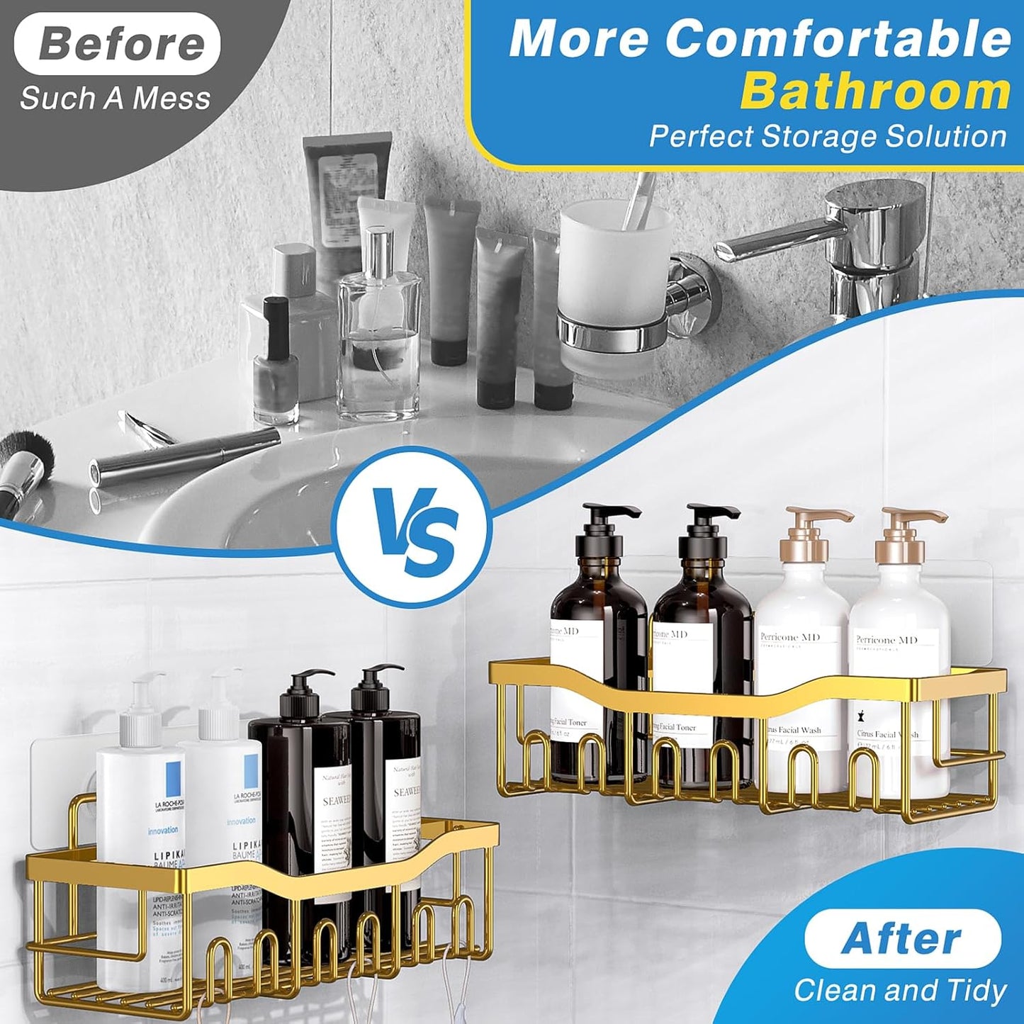 Dluxe Ave. 5 -Pack Adhesive Shower Organizer for Bathroom No Drilling, Large Capacity,Rustproof Stainless Steel